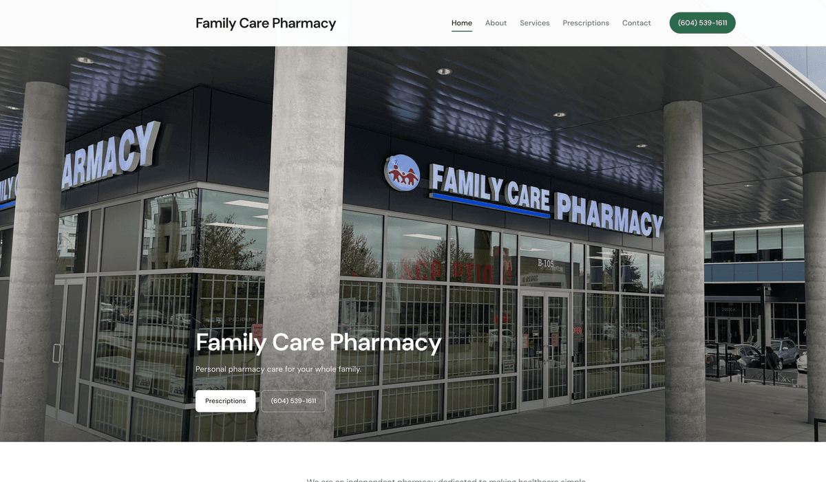 Family Care Pharmacy homepage with storefront hero and prescription CTAs