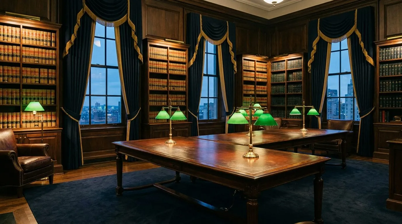 The Ashford & Vale library — walnut panelling and brass lamps