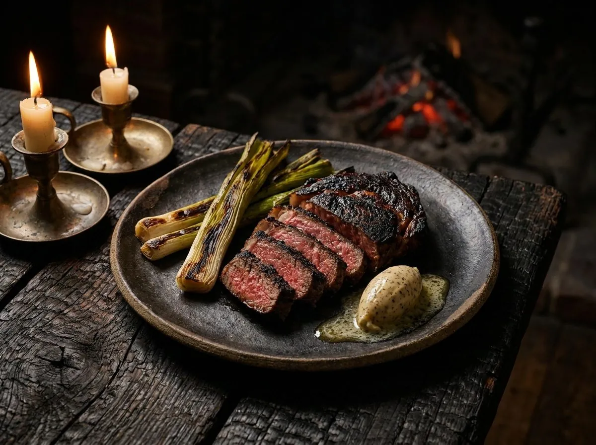Fire-roasted dry-aged ribeye with charred leeks on dark ceramic