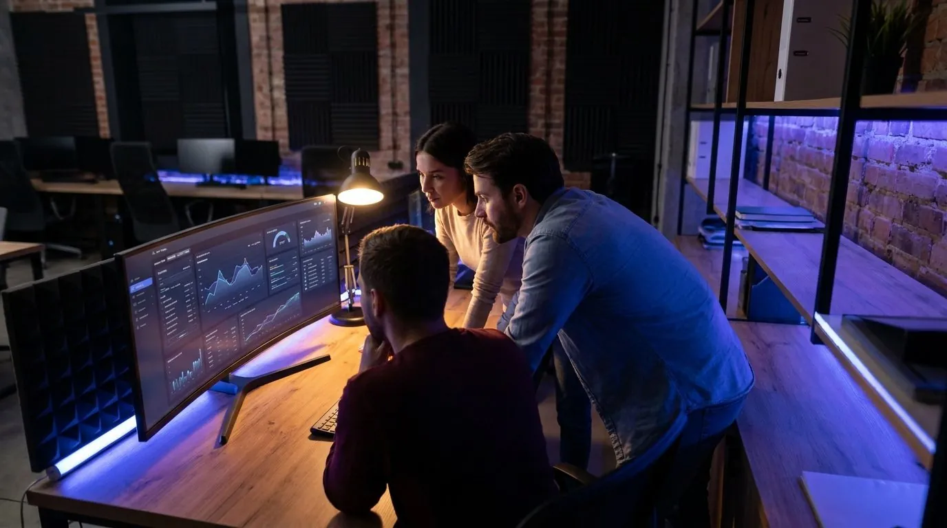 The Loopline team reviewing a release in their studio