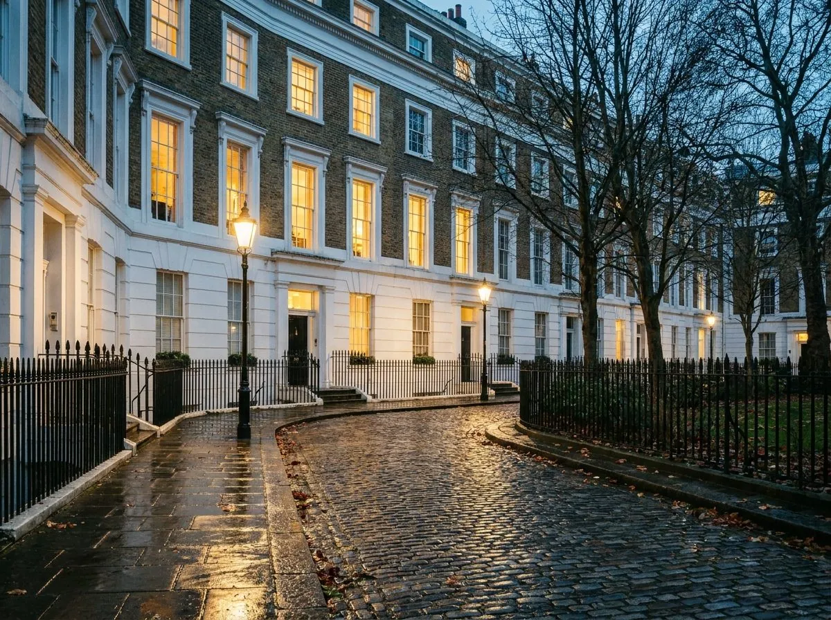 No. 14 Halcyon Square — Georgian townhouse facade at blue hour