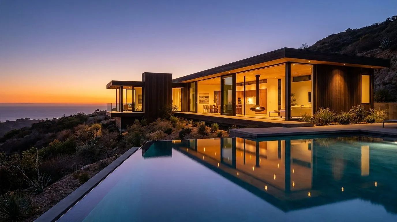 The Meridian Line House — modernist glass house at dusk with infinity pool
