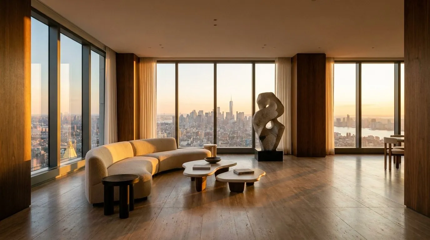 The Observatory Penthouse — living room over the city skyline at sunset